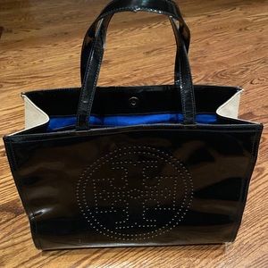 Tory burch black patent leather canvas tote.